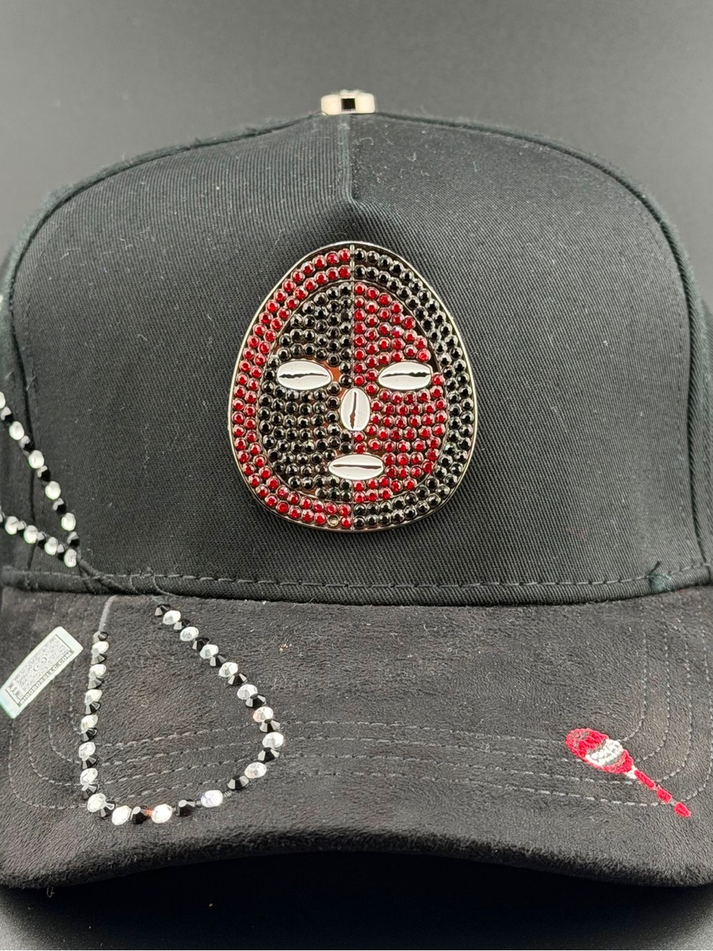 Black Baseball Cap Big Boss Elegua with Red & Black beaded Mask Accent